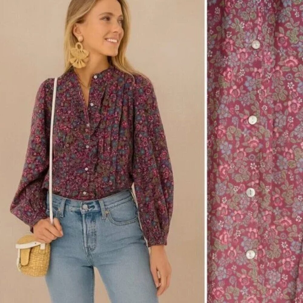 Banjanan Jennifer Floral Hedgehog Boysenberry Button Front Blouse Size XS
